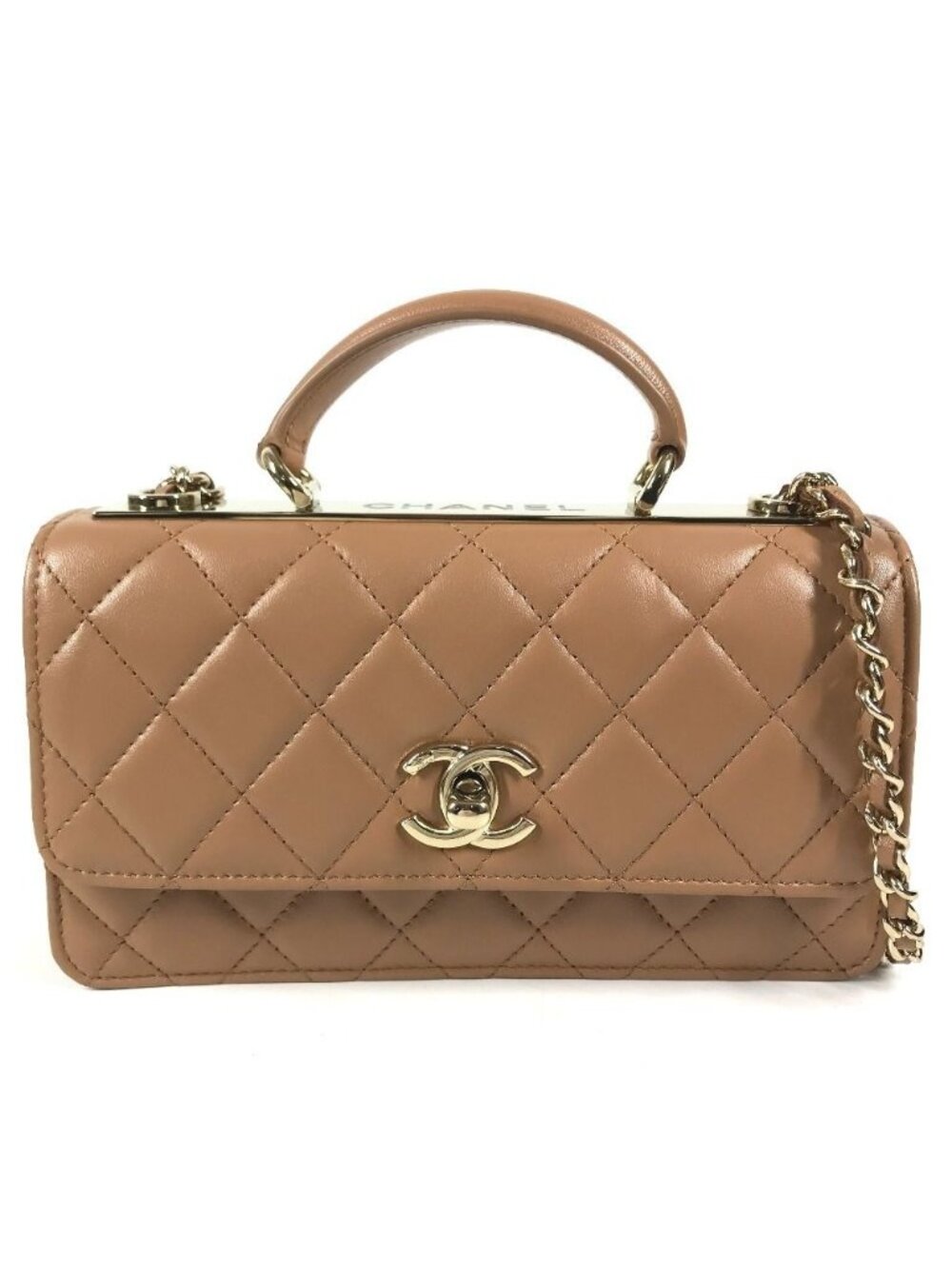 Chanel Handbag CC Logo Quilted Chain Wallet Lambskin Light Brown